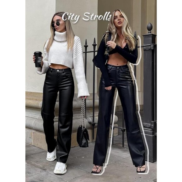 Women's Black Faux PU High Waist Straight Leg Leather Leggings Bell Bottom Pants - Picture 4 of 7
